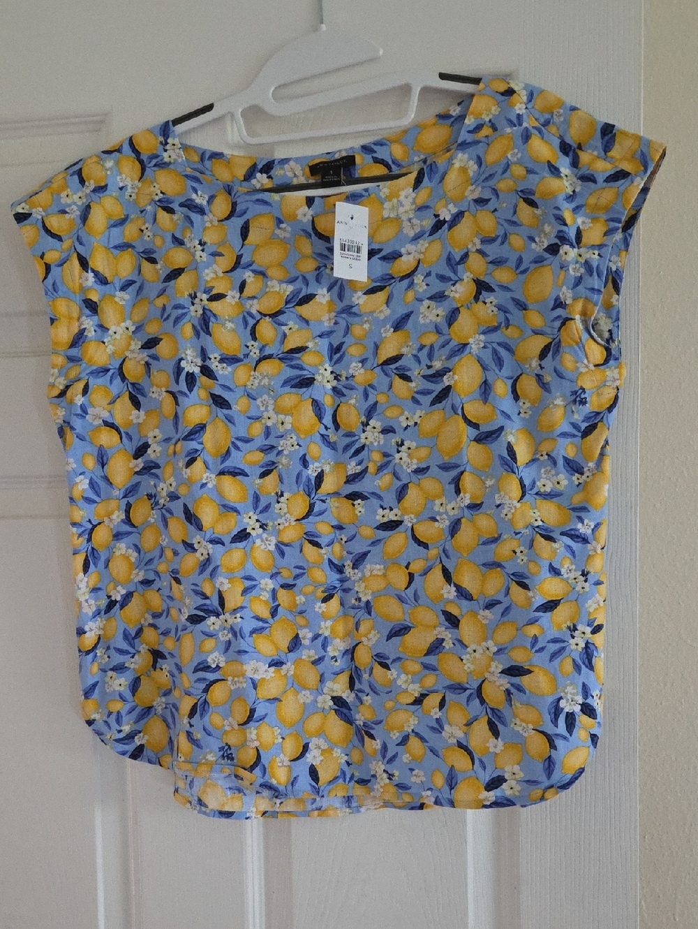 New Ann Taylor Blue & Yellow Lemon-Print Cap Sleeve Blouse